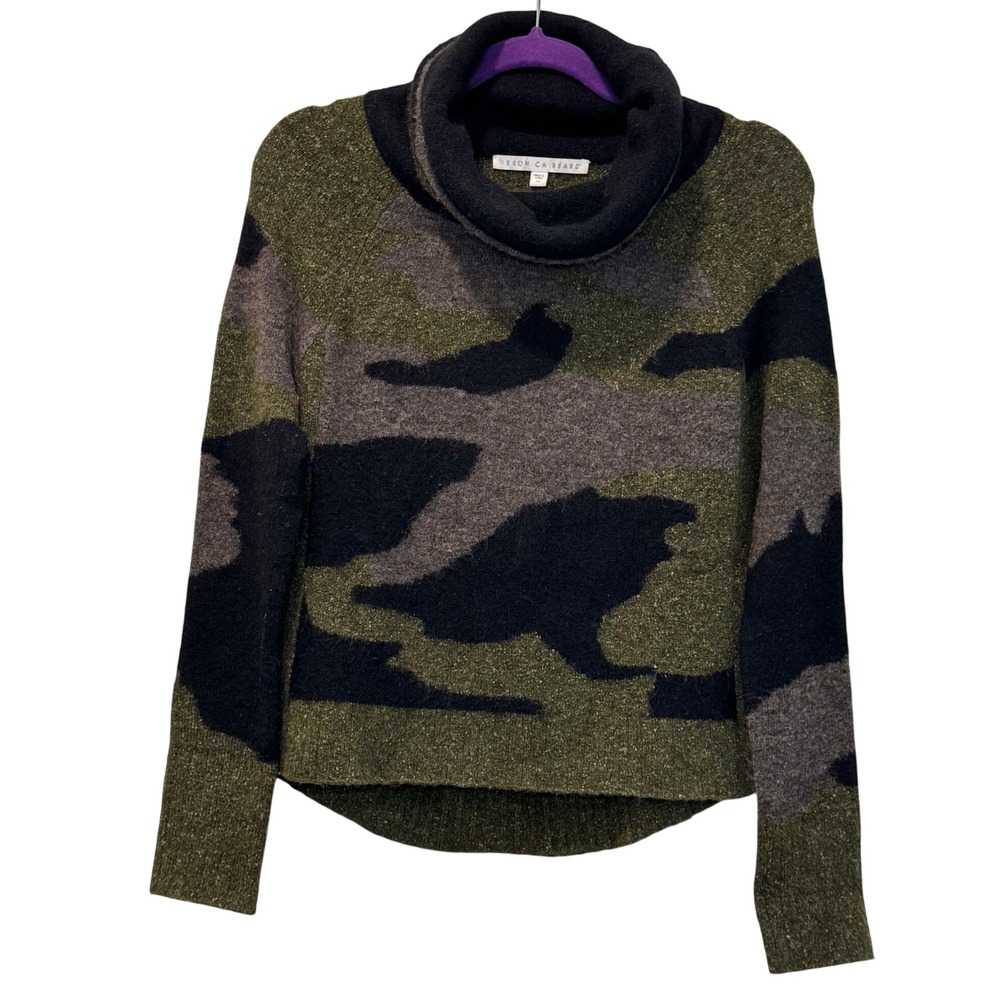 Veronica Beard Camo Cowl Neck Sweater XS Merino Wool Alpaca Silk Green Black